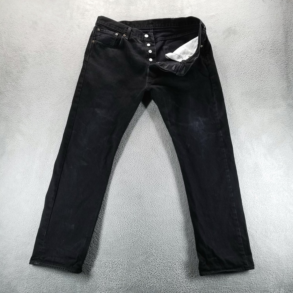 Levis 501 Jeans Mens 38x32 Black Straight Button Fly Mid Rise Minimalist Denim